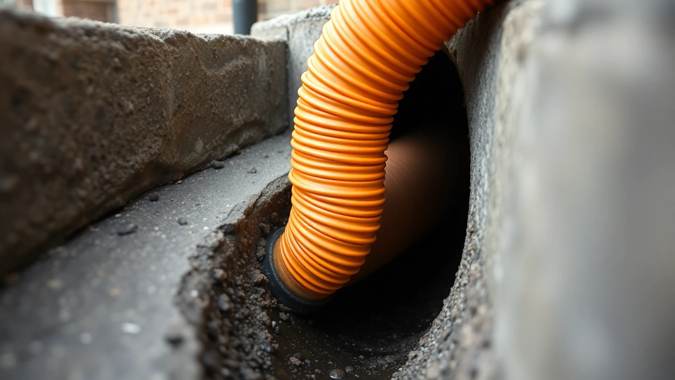 Flexible drain lining tube being fed into a residential drain pipe during underground rehabilitation