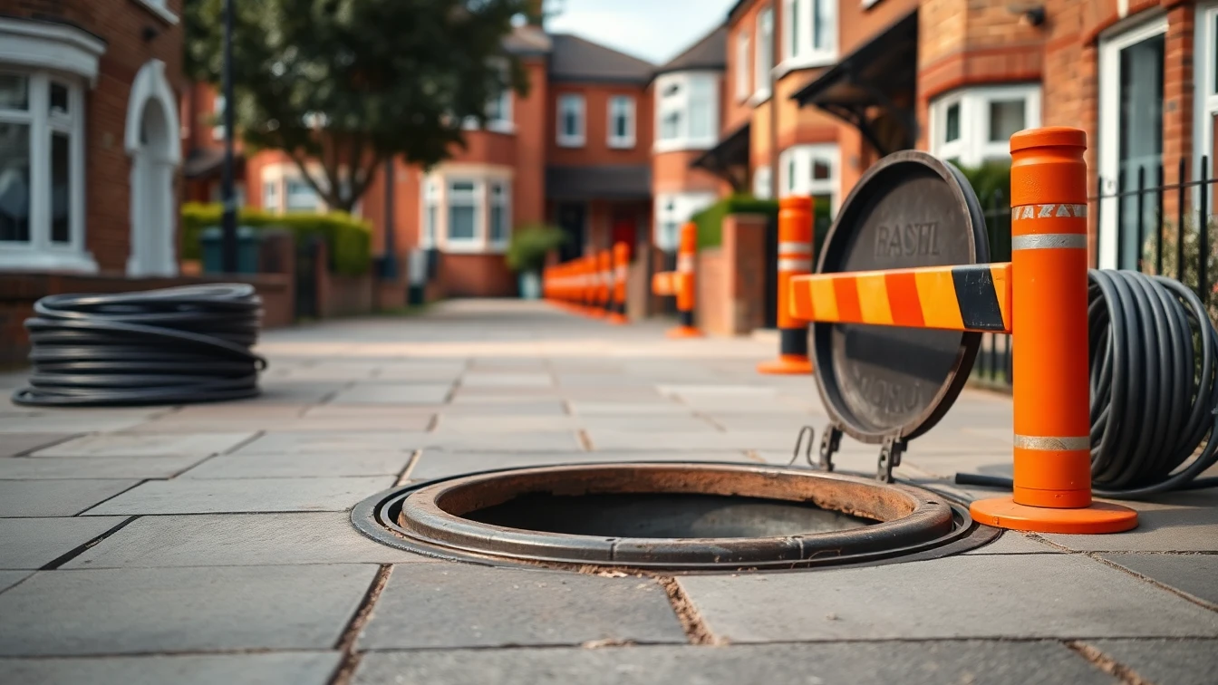 Open manhole cover with drainage rods on a North London suburban pavement