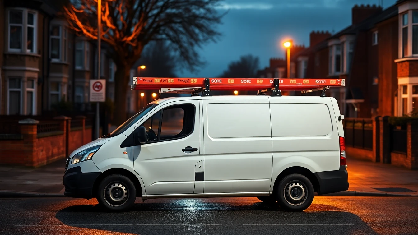 White drainage service van parked on a North London residential street at night with amber street lighting