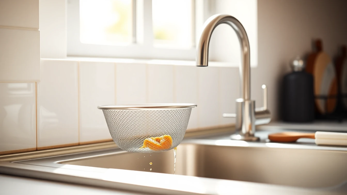UK kitchen stainless steel sink with a mesh strainer basket catching food debris
