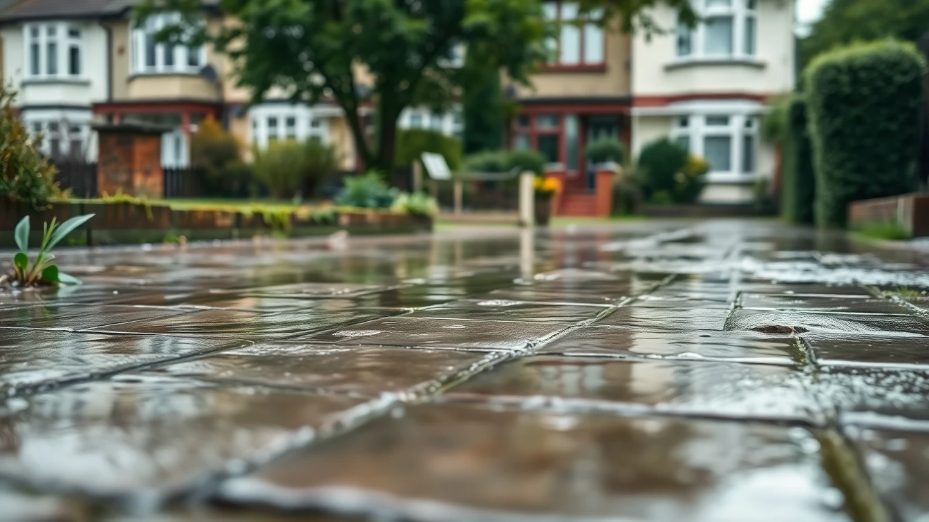 Flooded North London garden path with water pooling on paving stones from a blocked drain