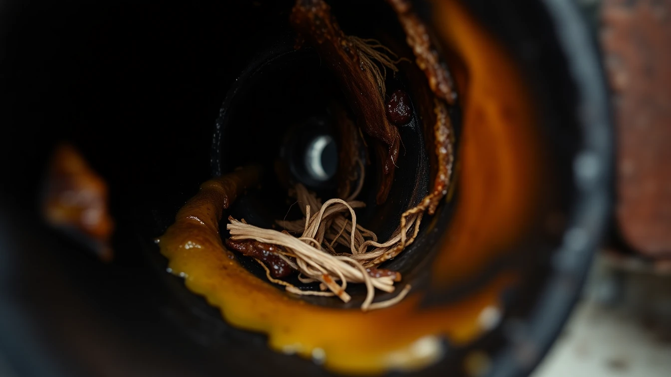 Close-up cross-section of a blocked residential drain pipe with accumulated grease and debris
