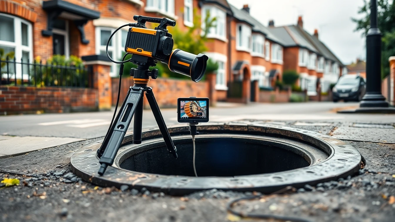 CCTV drain survey camera and tripod equipment over an open manhole on a London residential street