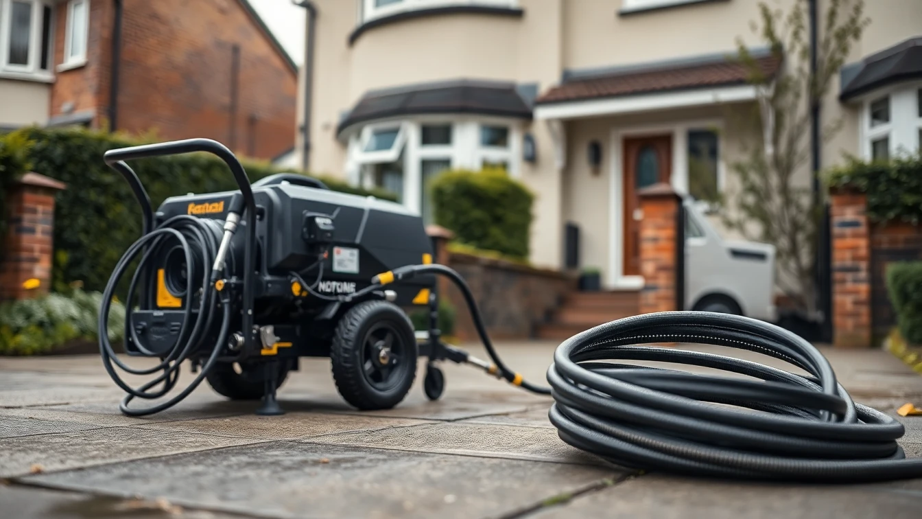 Professional high-pressure jetting machine and CCTV unit on a residential driveway in overcast UK daylight